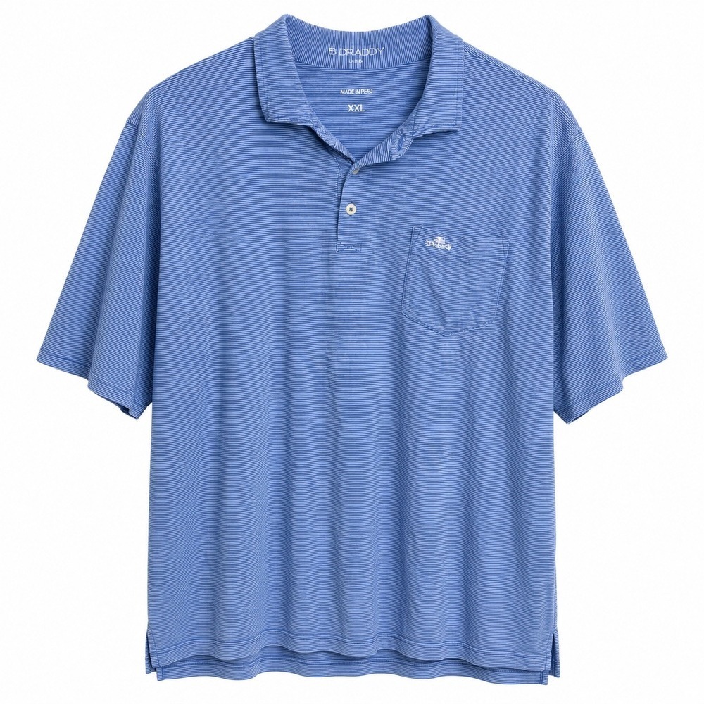 B. Draddy Polo Shirt XXL Blue Striped Pima Cotton Stretch Short Sleeve Golf